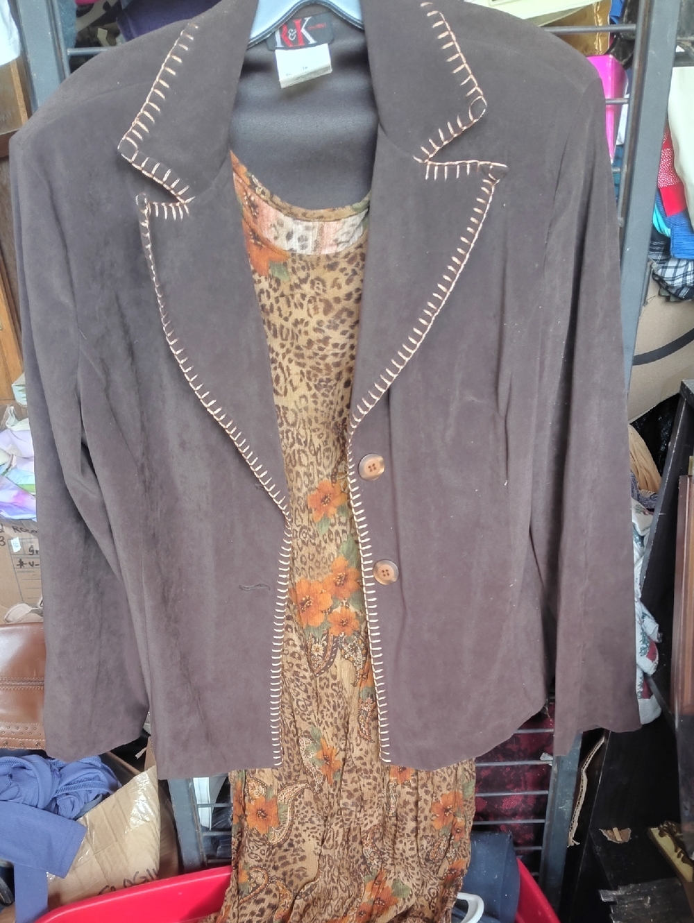 Classic Brown Women's Suede Jacket with Contrast Stitching And Dress